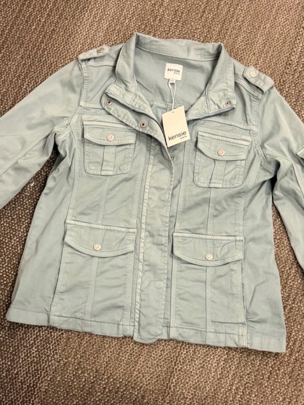 kensie Pale Green Blue Utility Jacket with Front Flap Pockets - NWT Size Large